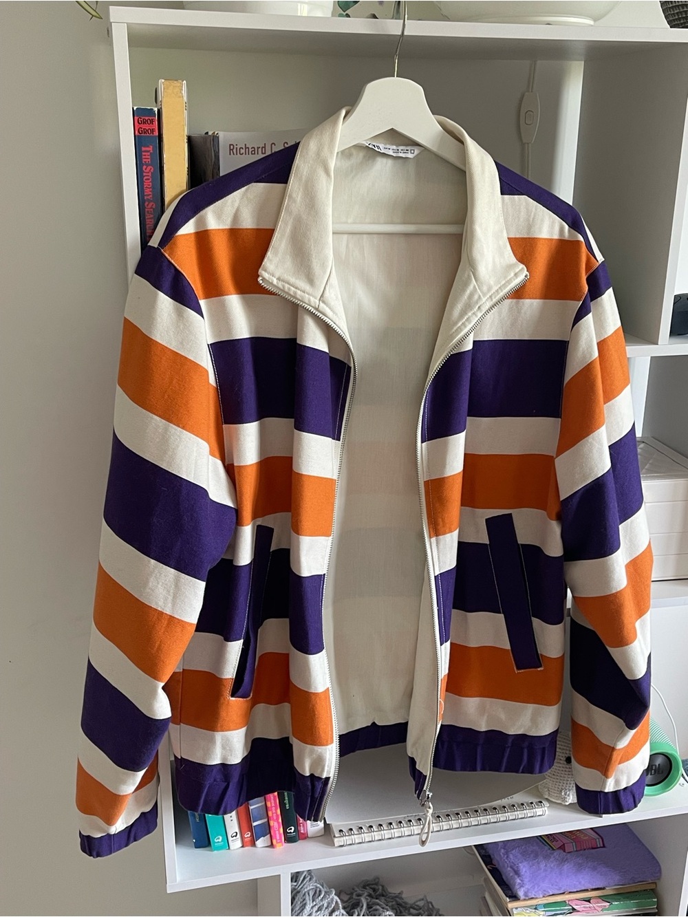 Zara Men Cotton Striped Zip-Up Jacket Bomber in Purple, Orange & Cream unisex